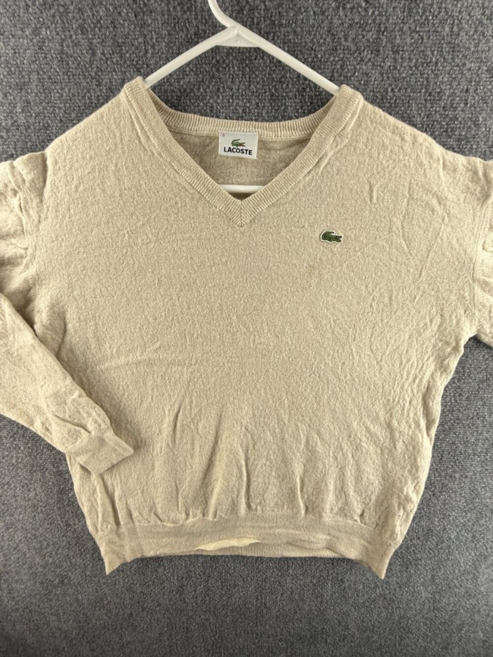 Lacoste Men Sweater Pullover Beige Ivory Pure Wool Knit Croc Logo Adult V Neck